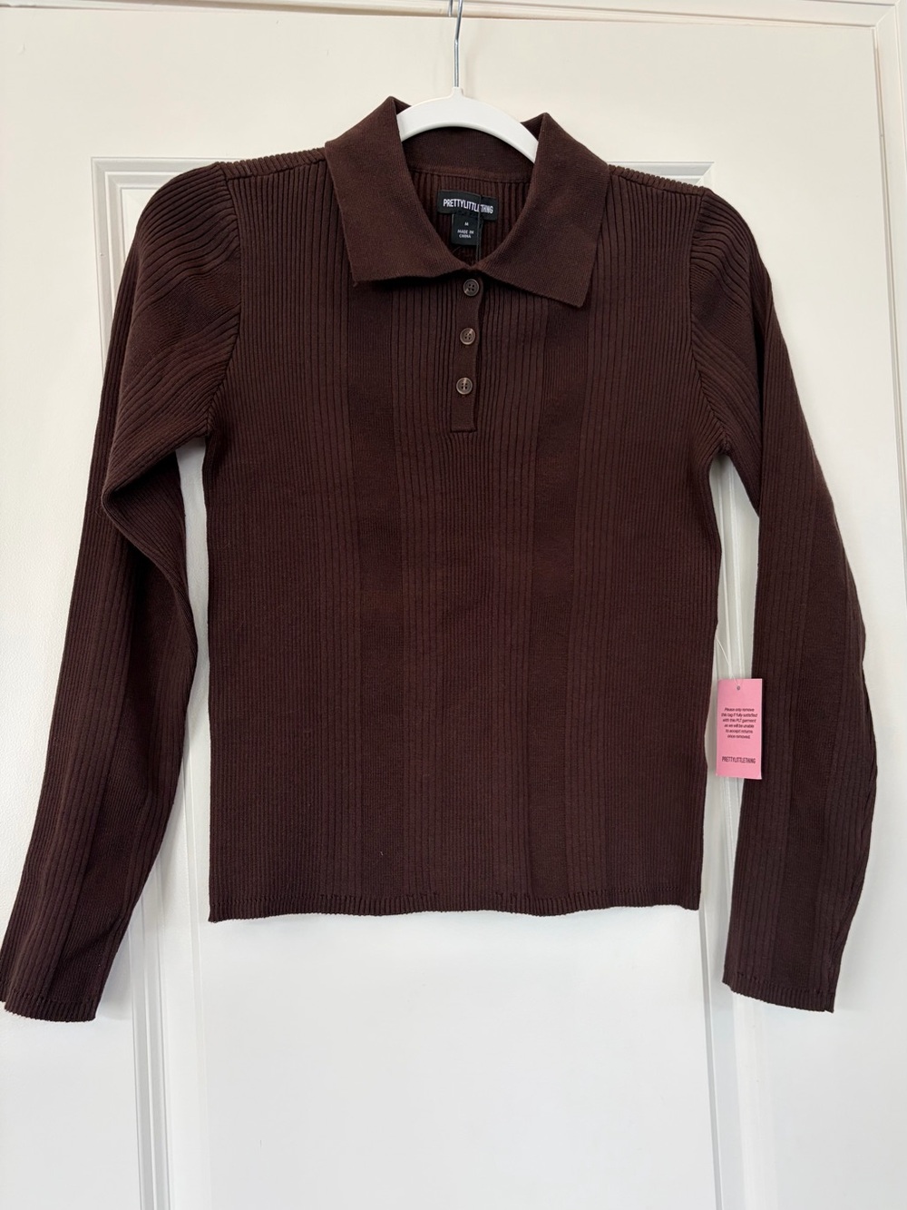 Pretty Little Thing Brown Ribbed Collared Long Sleeve Top